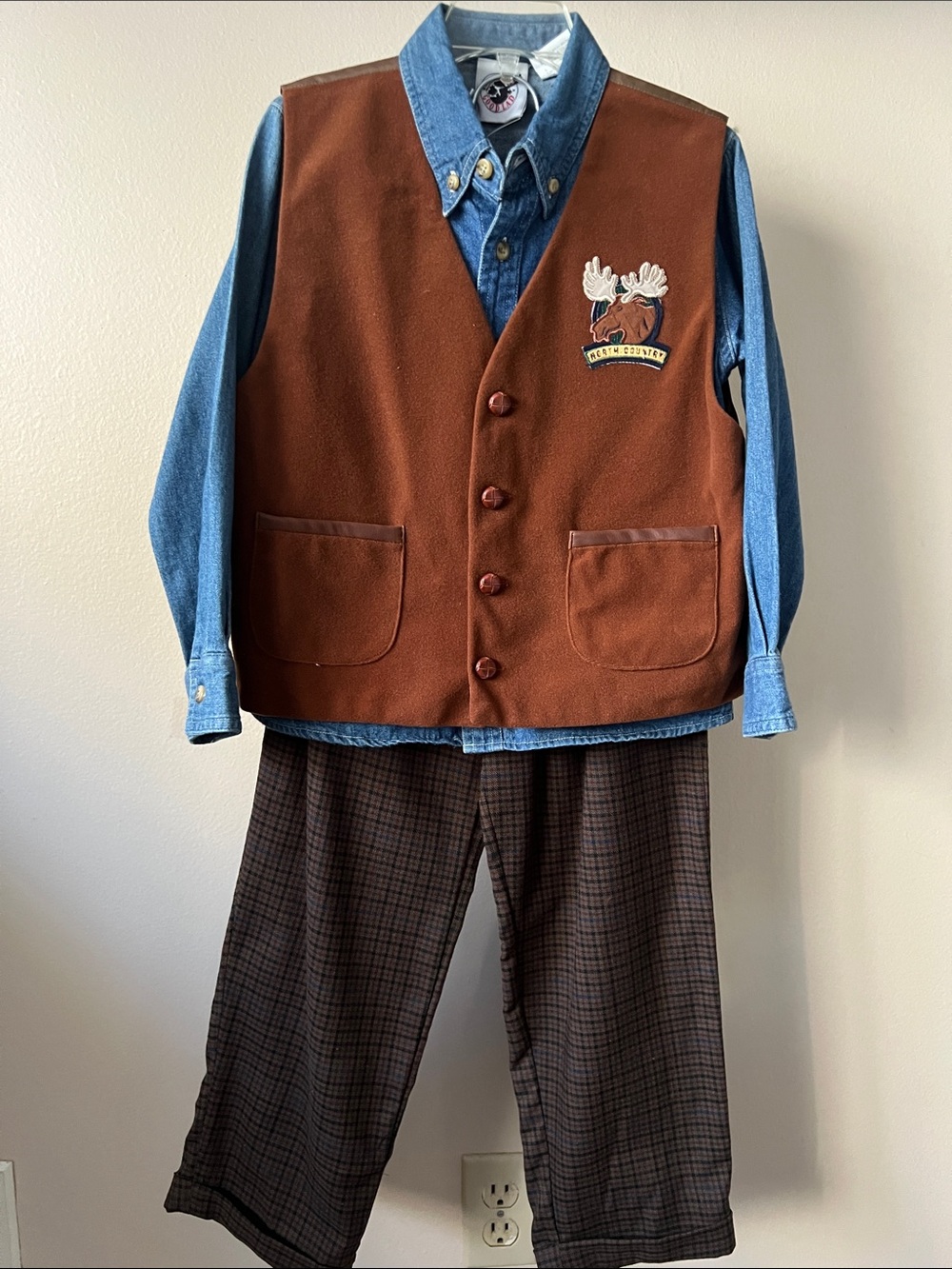VTG Good Lad Brown Moose Vest 3 Piece Set with Blue Denim Shirt and  Plaid Pants